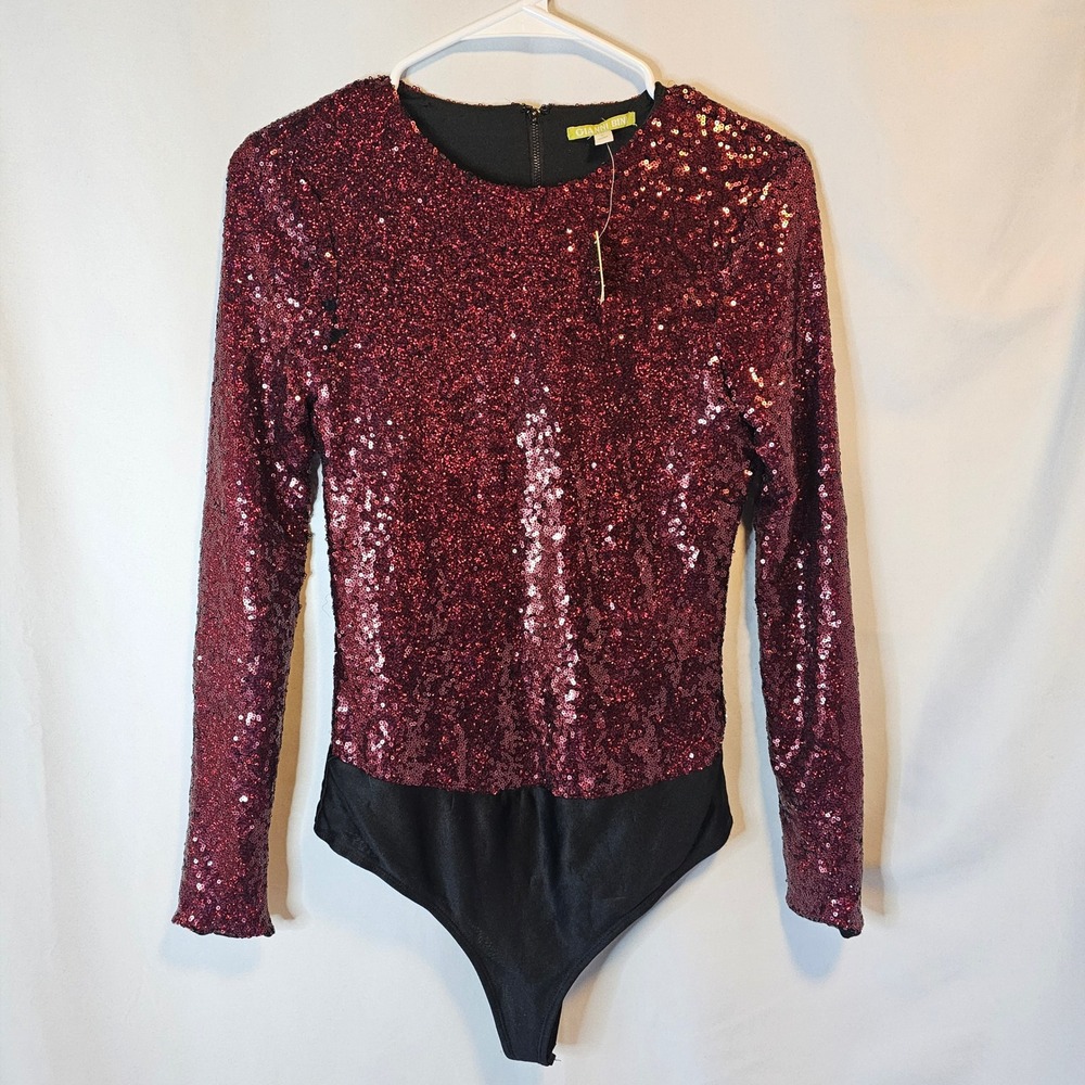 Gianni Bini Sequin Bodysuit Womens Large Burgundy Red Glam Holiday‎ Sparkle